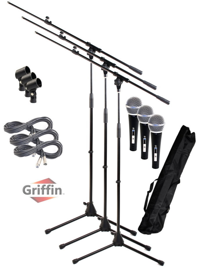 Dynamic Mic Package with Microphone Boom Stand, XLR Cables, Clips and Carrying Bag 3 Pack by Griffin