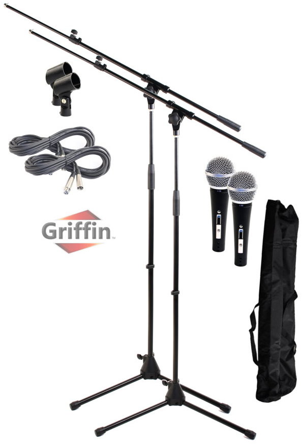 Dynamic Vocal Mic with Microphone Boom Stands, XLR Cables & Clips 2 Pack by Griffin
