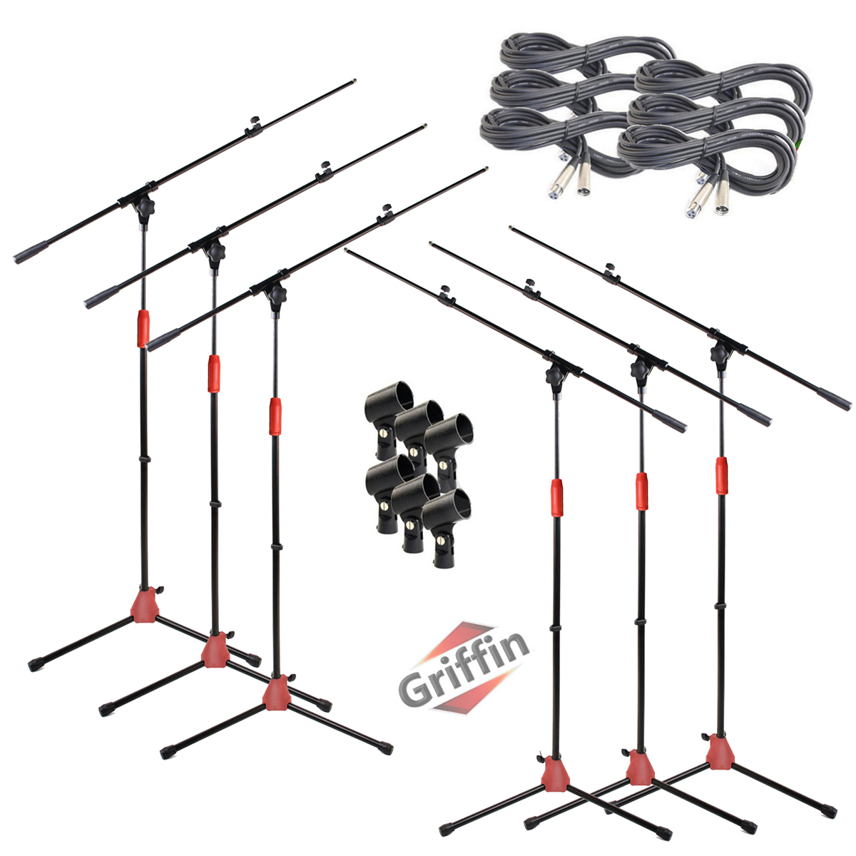 Hand-Held Dynamic Vocal Microphones Package with Mic Boom Stands, XLR Cables, Carrying Bag & Clips 6 PACK by Griffin