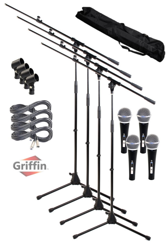 Microphone Package with Boom Stands Cardioid Dynamic Mics, XLR Cables, Carrying Bag and Clips 4 Pack by Griffin