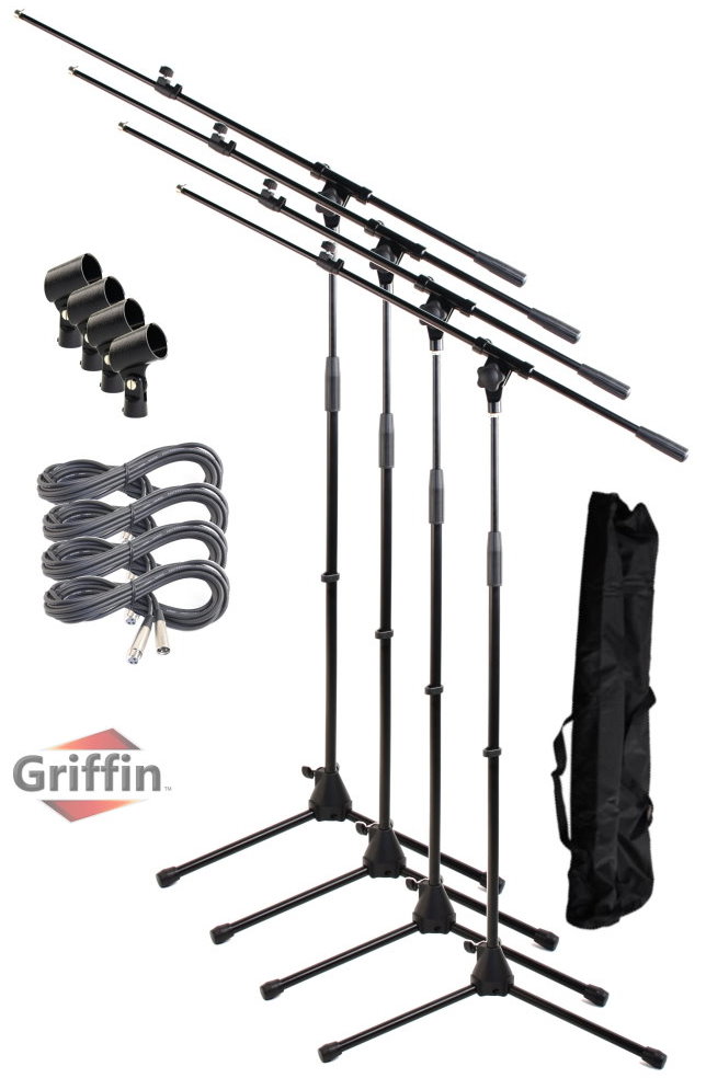 Package of Microphone Boom Stands, XLR Cables, Carrying Bag and Mic Clips 4 Pack by Griffin