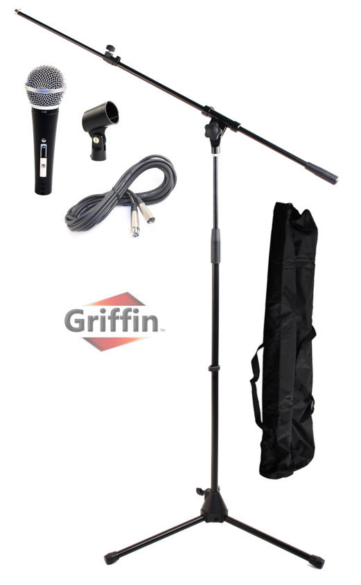 Vocal Dynamic Microphone with Mic Boom Stand Package, XLR Cable, Carrying Bag & Clip by Griffin