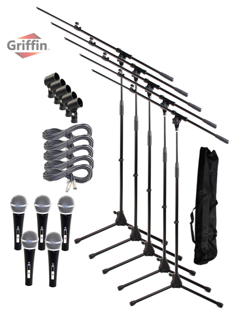 Vocal Dynamic Mics Package with Microphone Boom Stands, XLR Cables Carrying Bag and Clips 5 Pack by Griffin