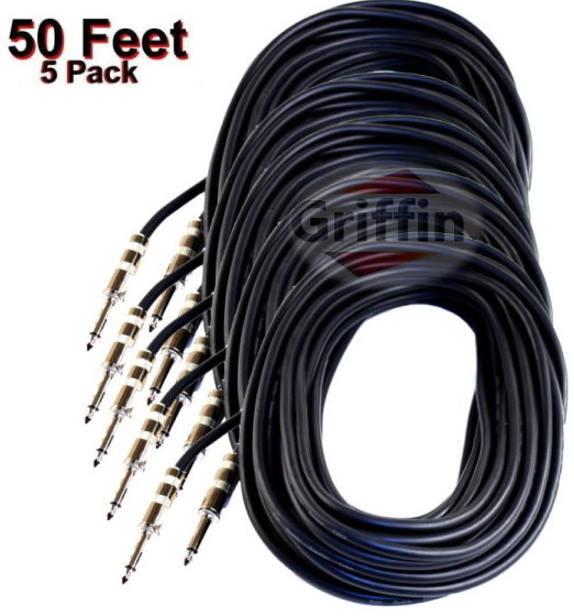 PA Speaker Cables Pro Audio 1/4" 16 Gauge Wire Cable For PA DJ 50 Ft Set of 5 Cables by Griffin