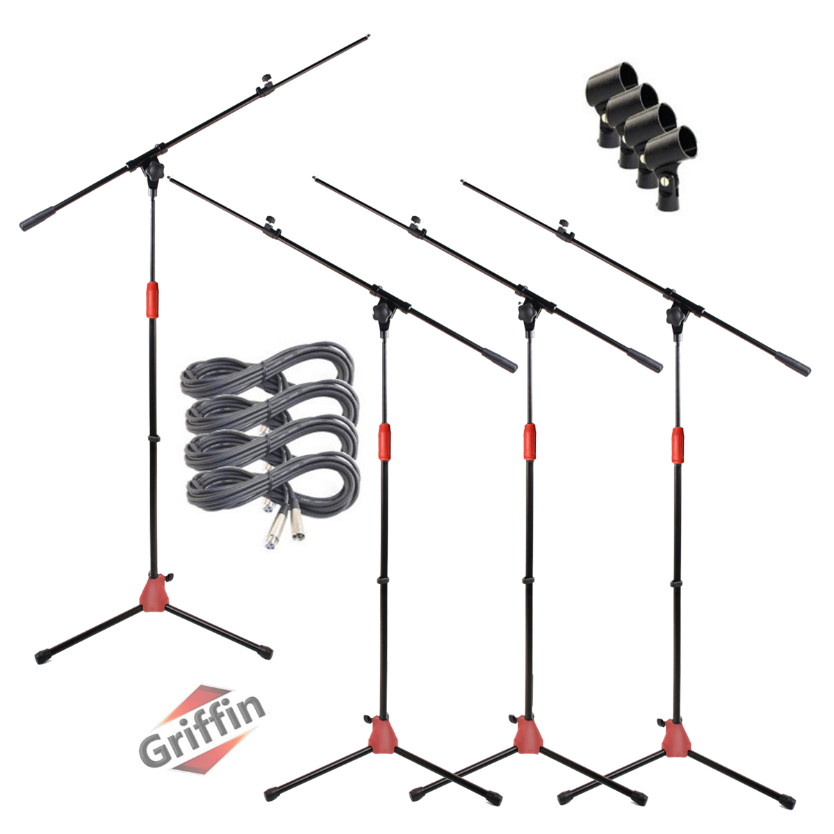 Mic Boom Stands with XLR Microphone Cables and Microphone Clips 4 Pack by Griffin