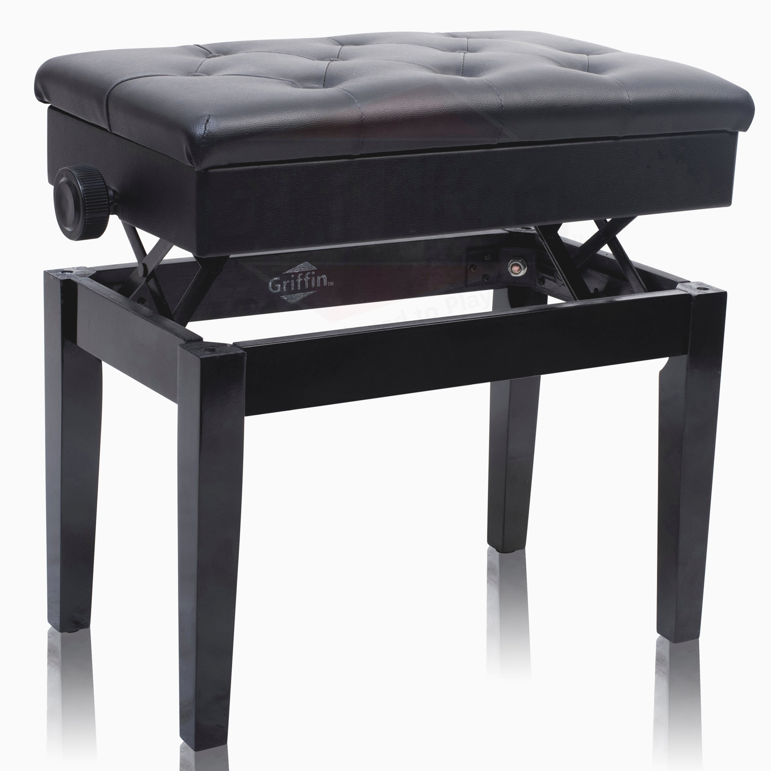 GRIFFIN Black Leather Piano Bench - Wood Vanity Stool
