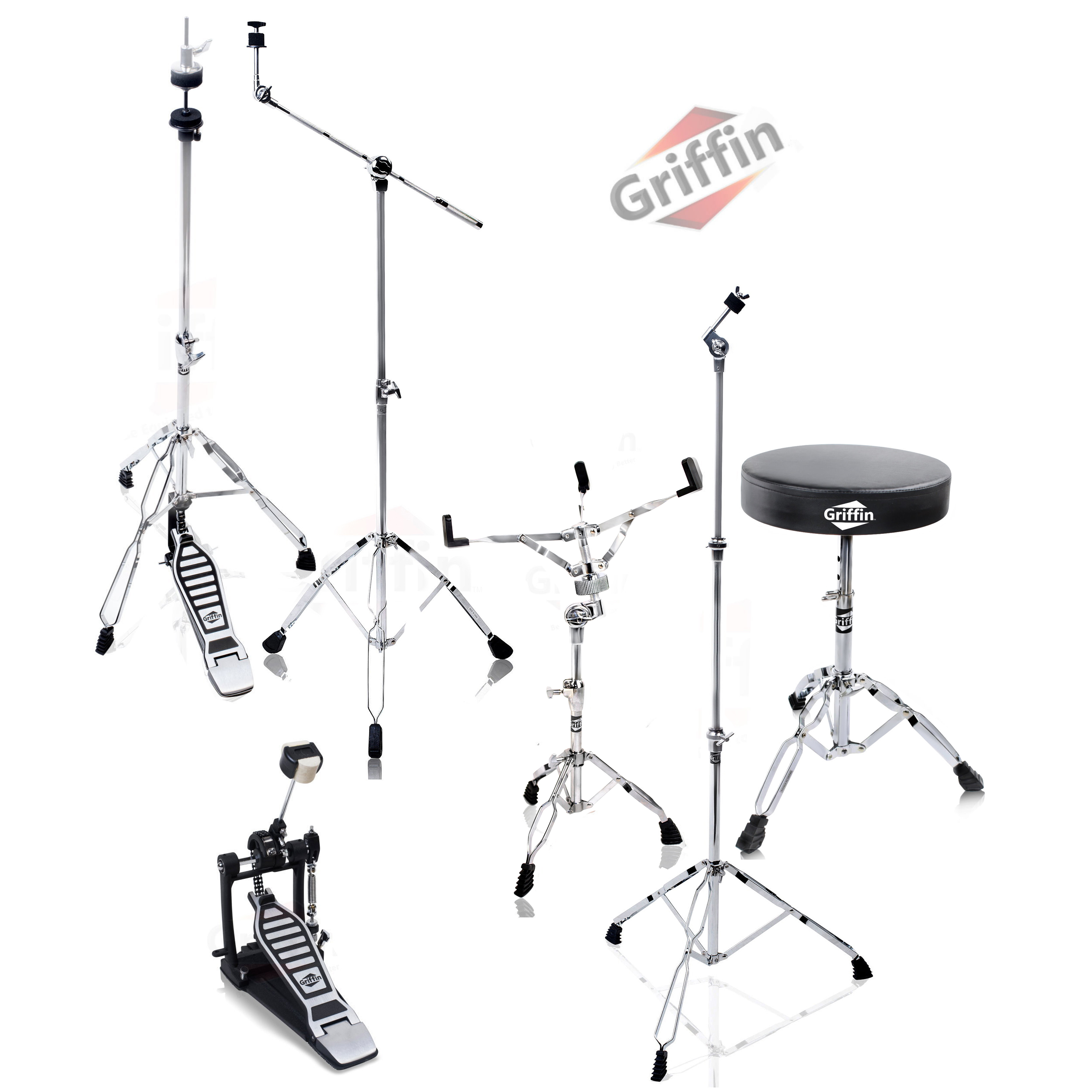 Drum Hardware Pack Griffin Stand Set Snare HiHat Cymbal Throne Kick